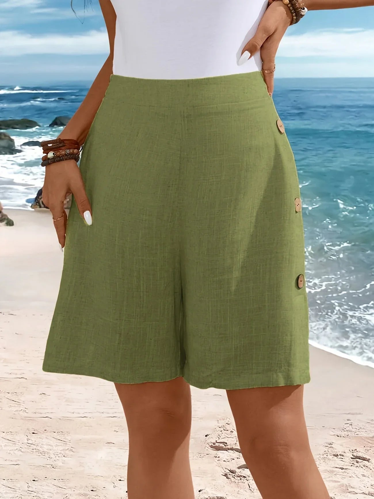 Fenella | High-Waisted Button Detail Knee-Length Shorts