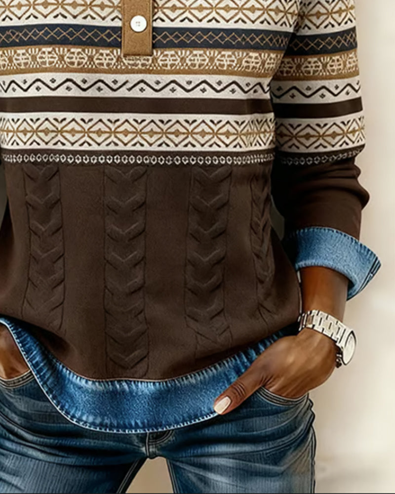 Jenny | Sweater Brown Long Sleeve Geometric Print