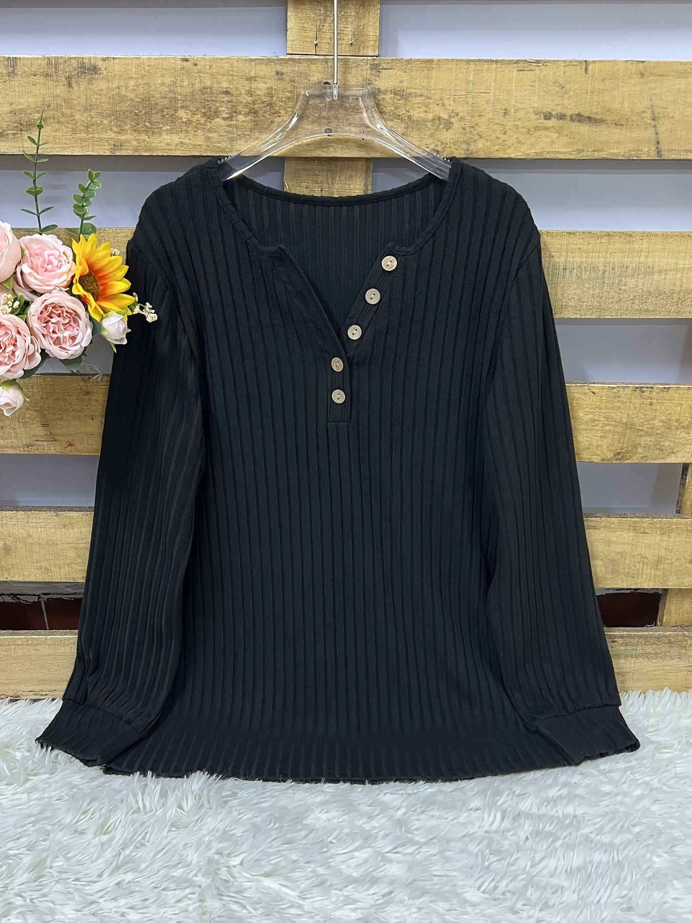 Roweelle | Ribbed Long Sleeve Button Henley Top
