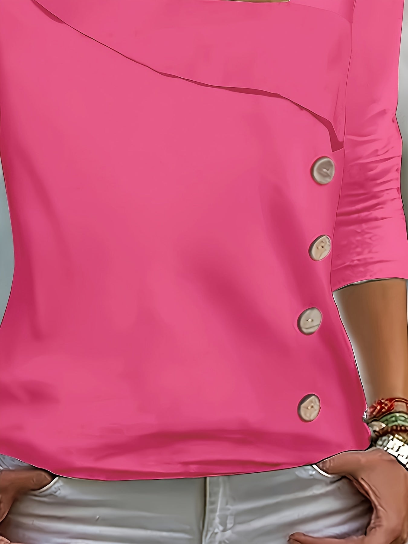 Valeria | Asymmetrical Collar Button Detail T-shirt