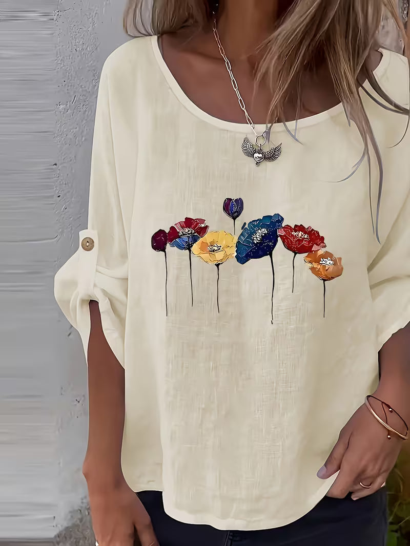 Soleelis | Floral Print Roll-Tab Sleeve Top