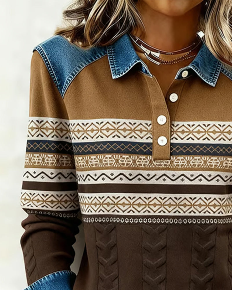Jenny | Sweater Brown Long Sleeve Geometric Print
