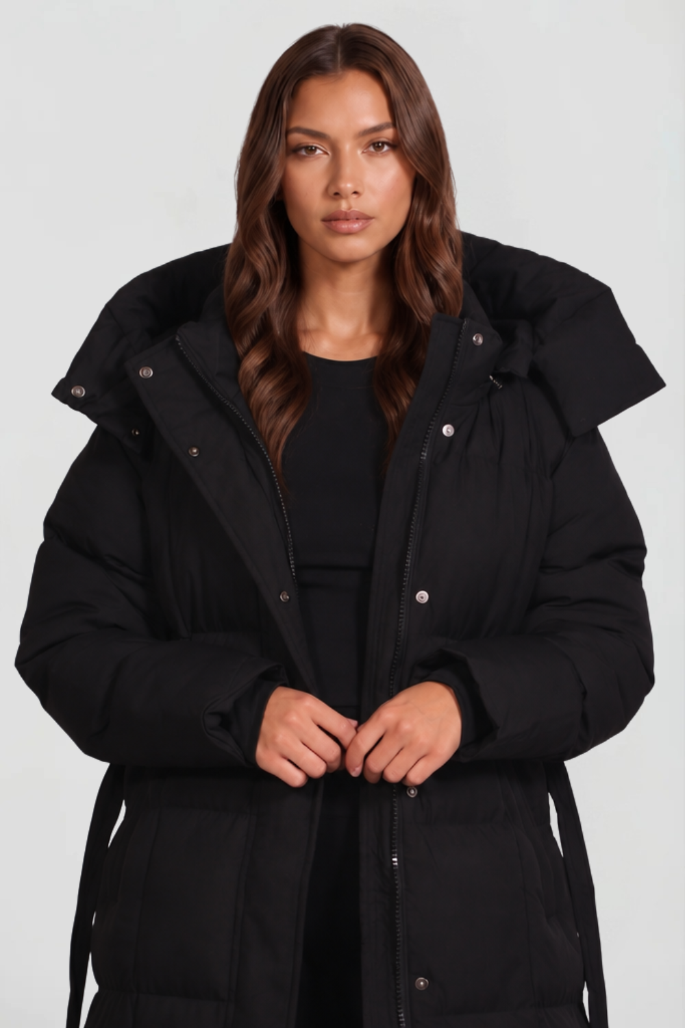 Evelinida | Long Puffer Coat with Hood and Belt