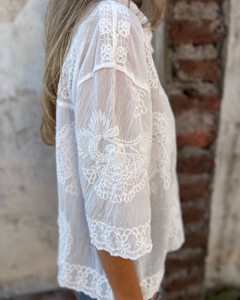 Lorrie | Lace Embroidered Button Front Shirt Blouse