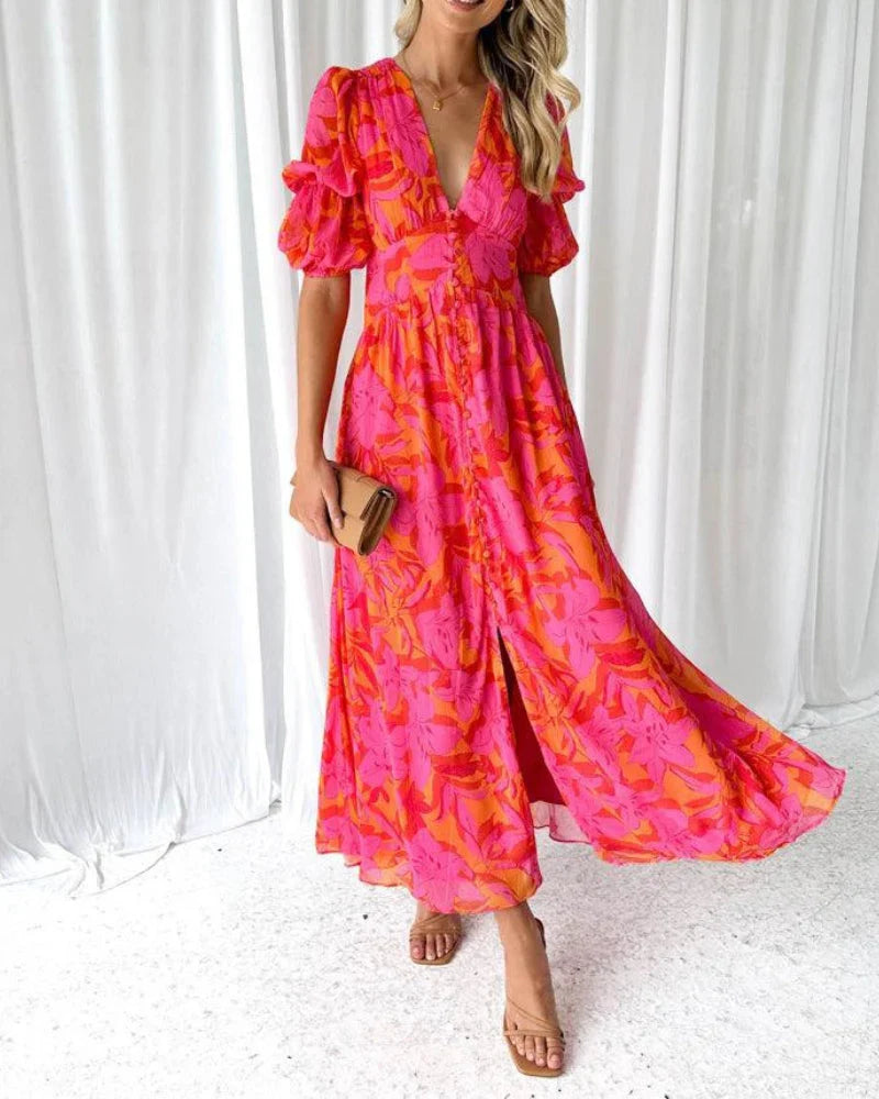 Derana | Floral V-Neck Puff Sleeve Maxi Dress