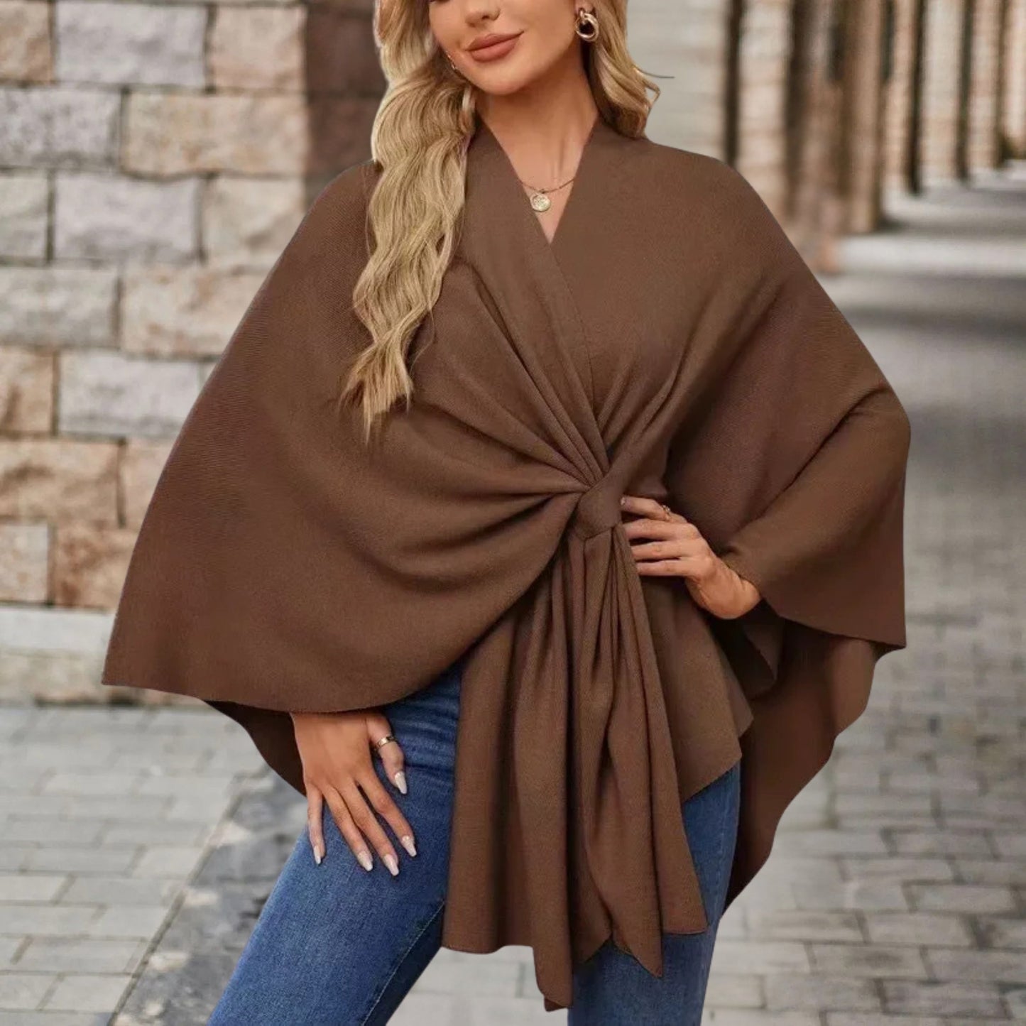 Helin | V-Neck Knotted Front Wrap Poncho