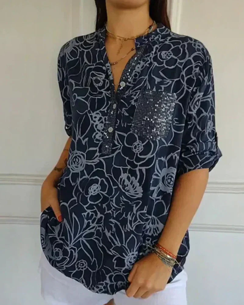 Narese | Blouse Floral Print V-Neck Roll Sleeve