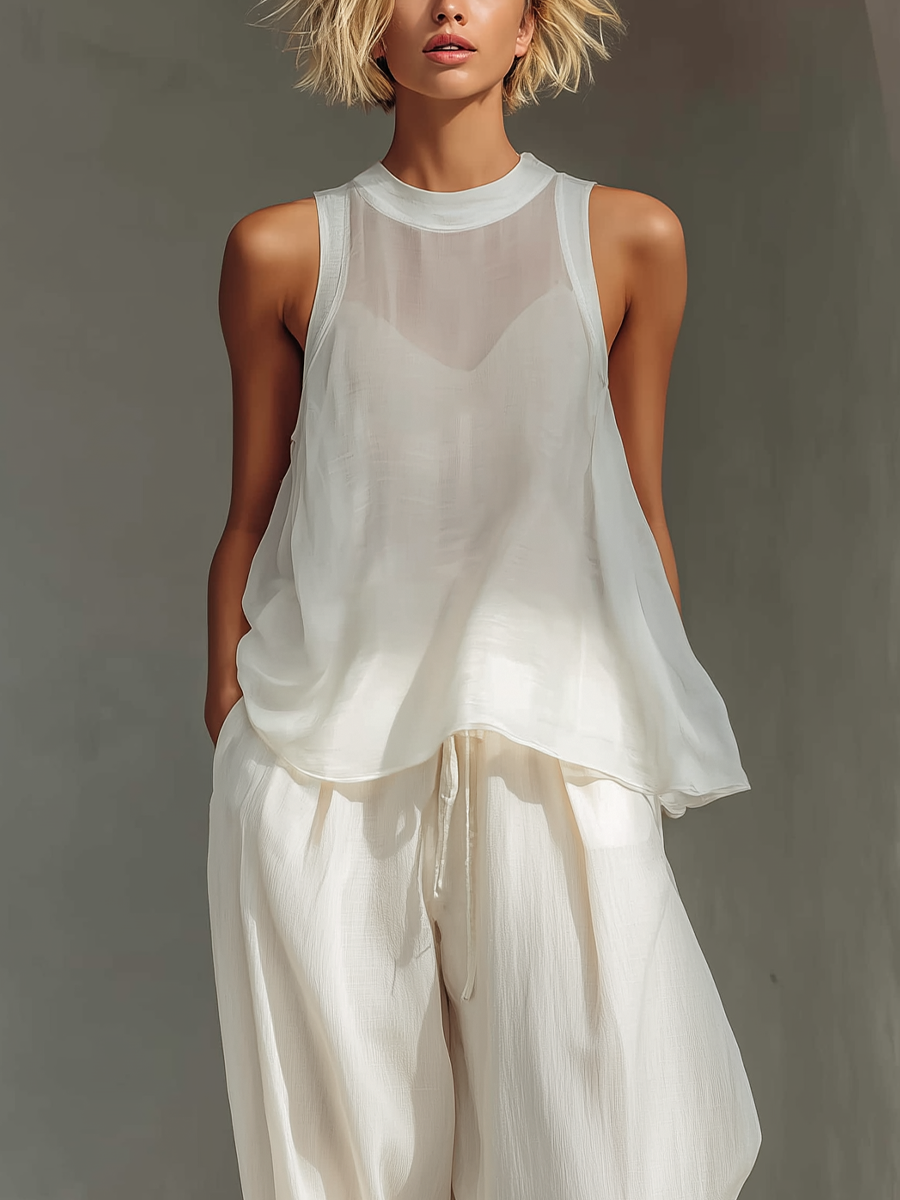 Olivian | Sleeveless Sheer Wide Leg Two piece Set