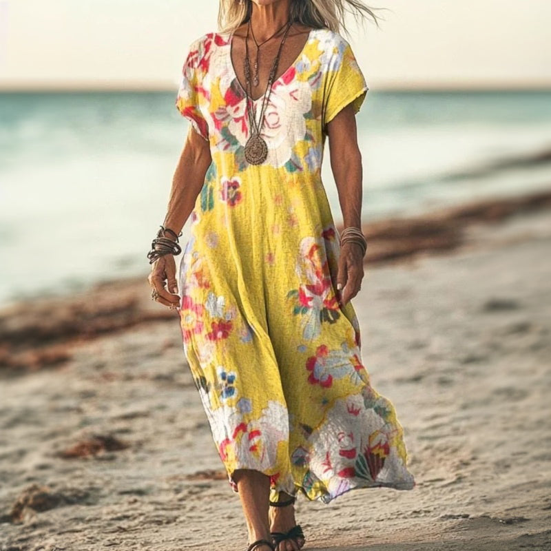Neldae | Yellow Floral Print V-Neck Maxi Dress