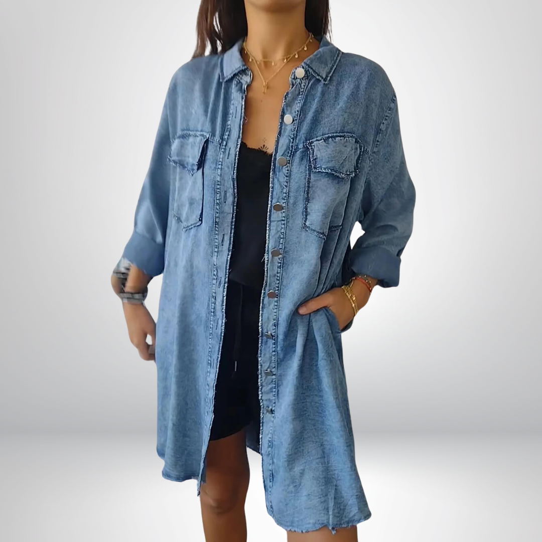 Krystyna | Denim Jacket Longline Collared Button-Front Style