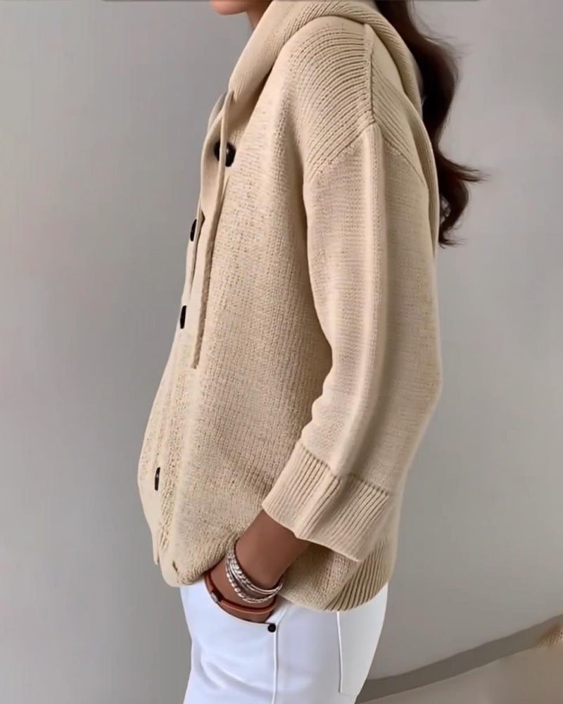 Noreen | Cardigan Beige Hooded Button-Front Knitted Long Sleeve