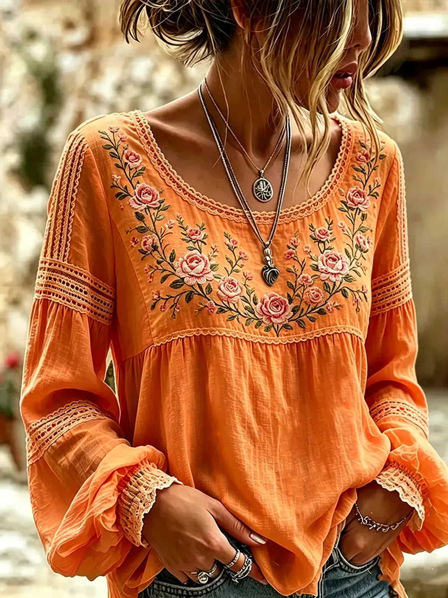 Esraa | Floral Embroidered Long Sleeve Blouse