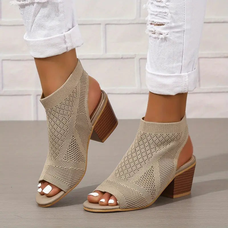 Velina | Peep Toe Knit Block Heel Sandals