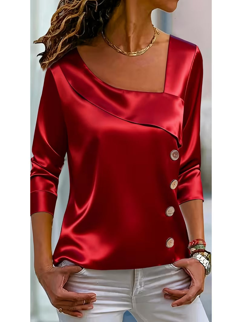 Avelea | Satin Square Neck Blouse with Side Buttons