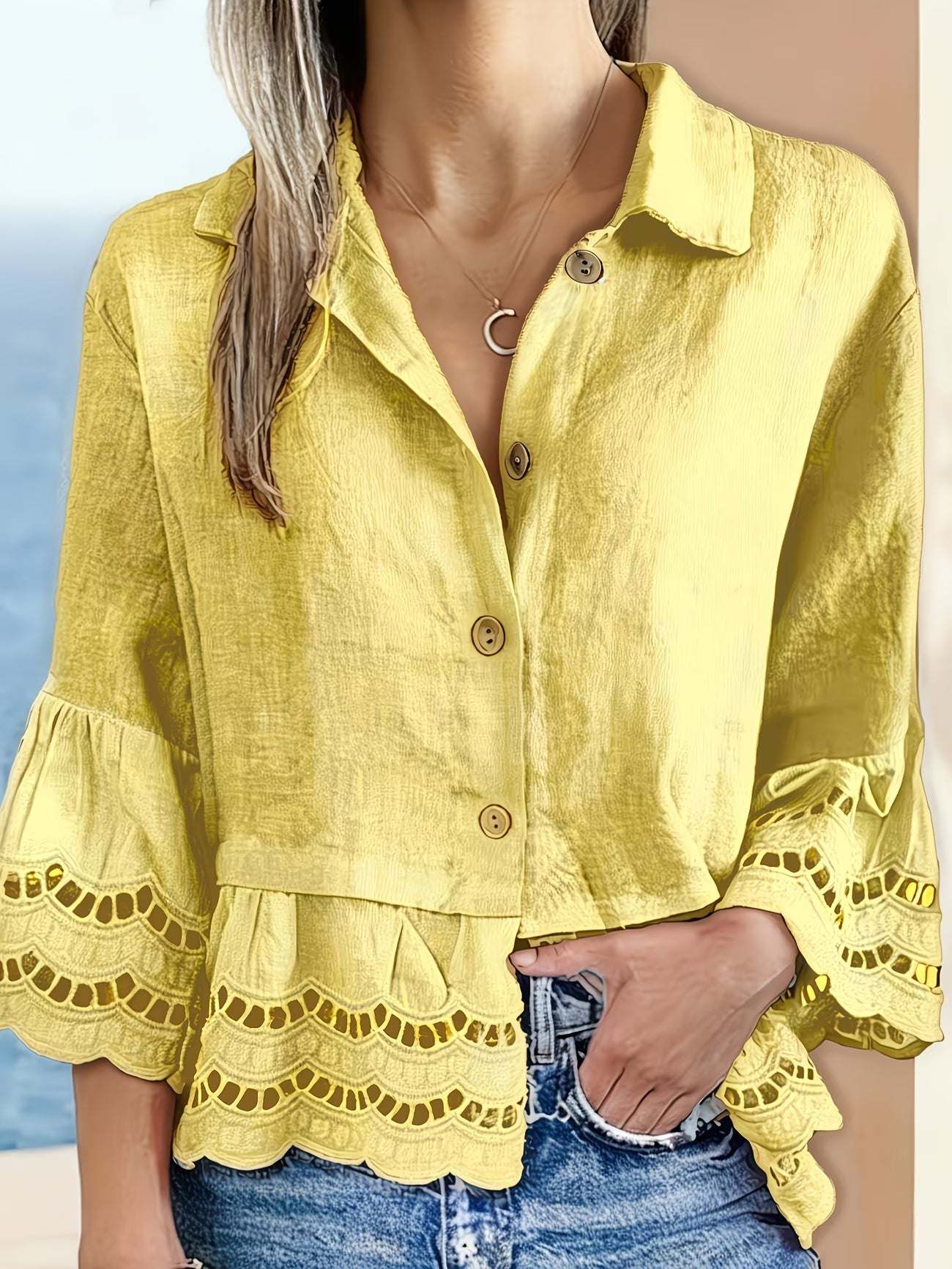 Solenn | Long Sleeve Ruffle Hem Button Blouse