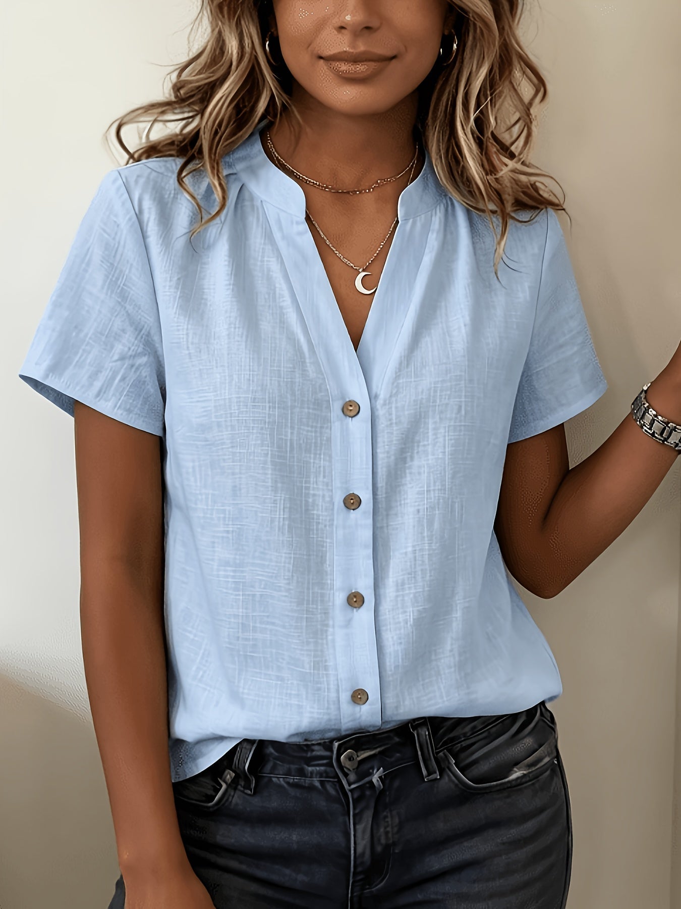Salish | Short Sleeve Button Front V Neck Blouse