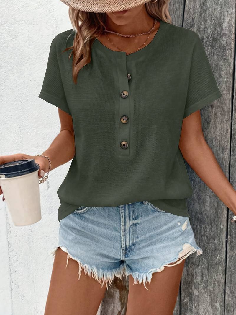 Marylou | Crew Neck Button Front Short Sleeve Top
