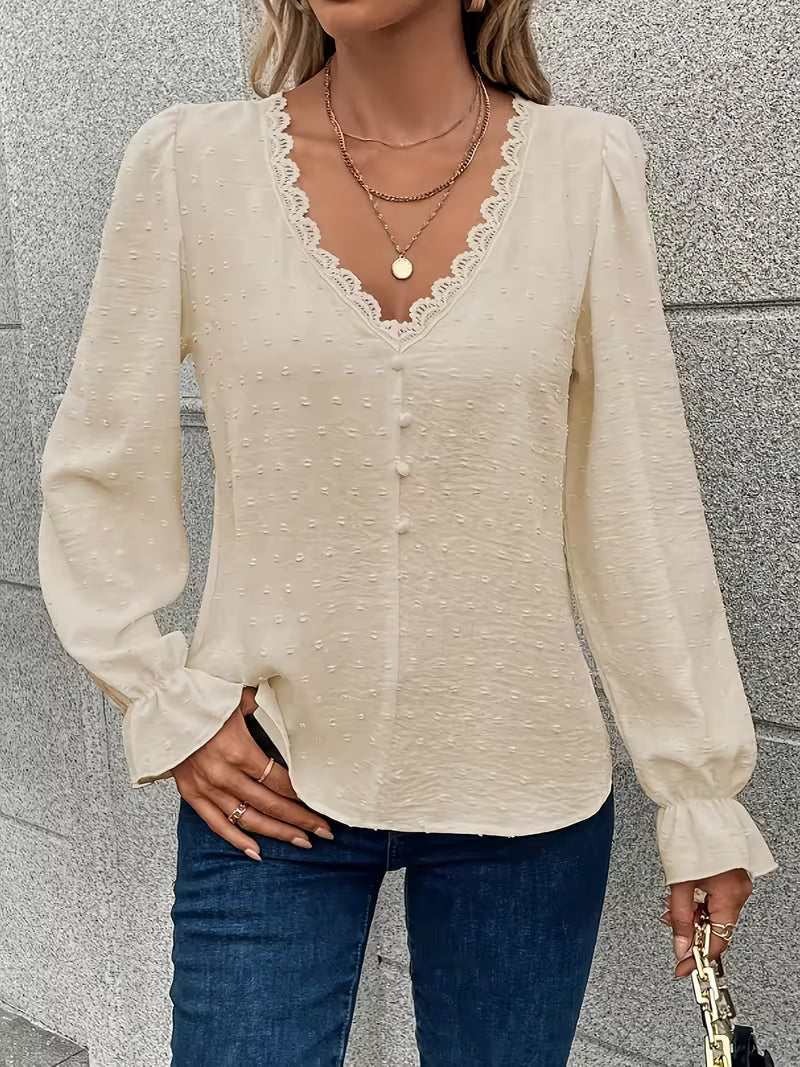 Rejina | Blouse with Lace-Trim V-Neck and Buttons