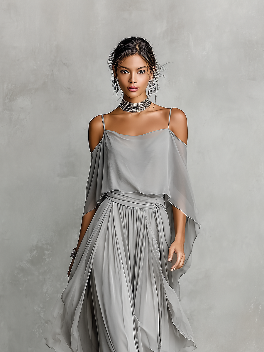 Roneeta | Gray Cold Shoulder Chiffon Set