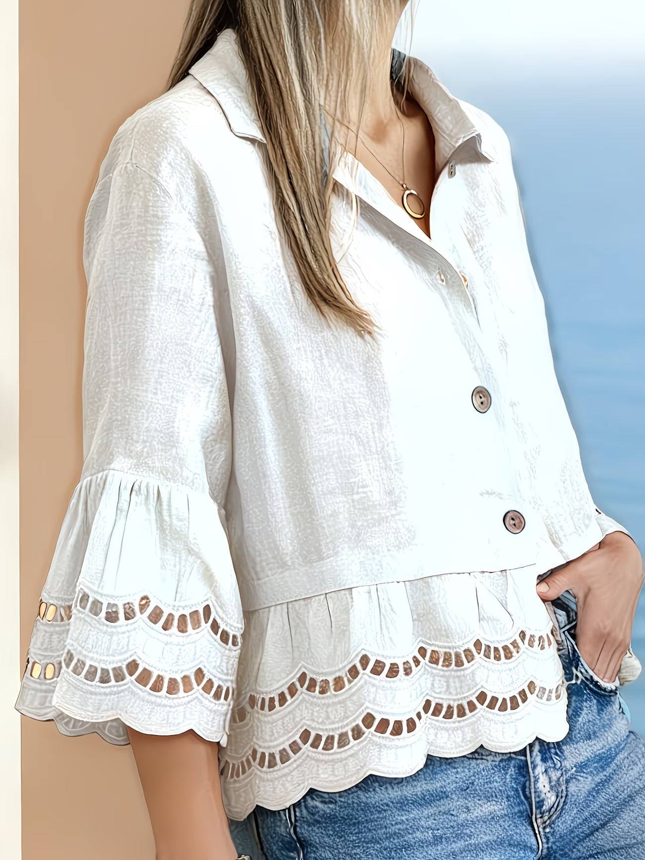 Solenn | Long Sleeve Ruffle Hem Button Blouse