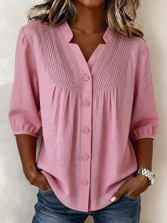 Laadina | Crochet Yoke Linen Button-Up Blouse