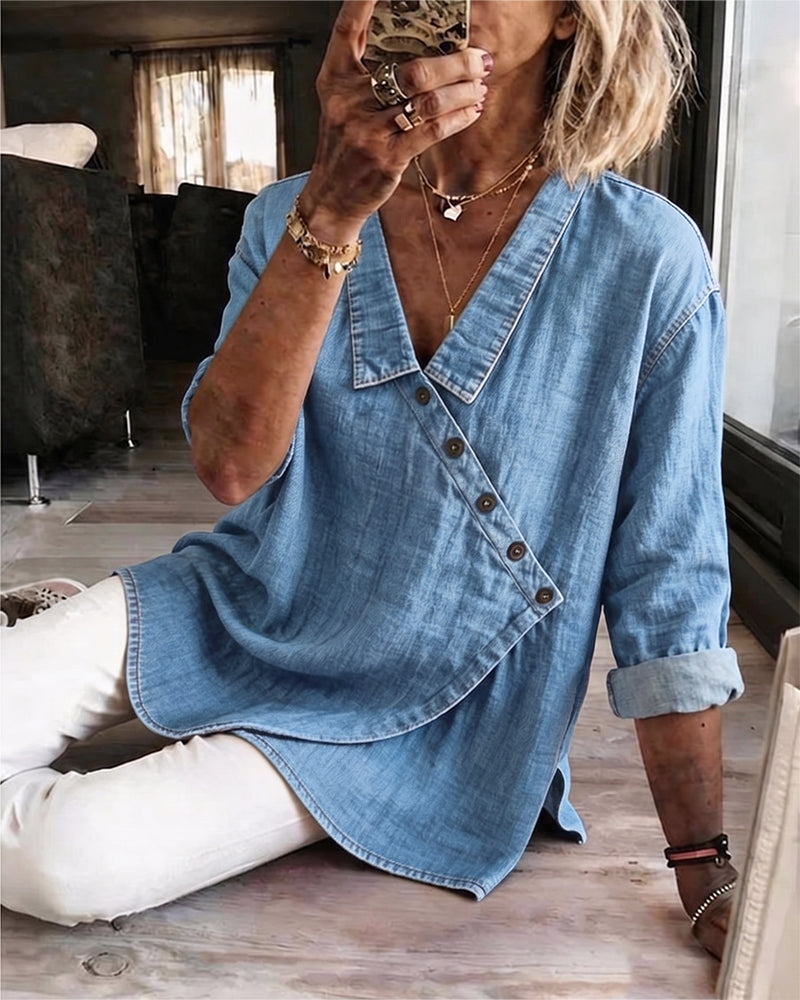 Olizia | Denim-Style Wrap V-Neck Long Sleeve Blouse