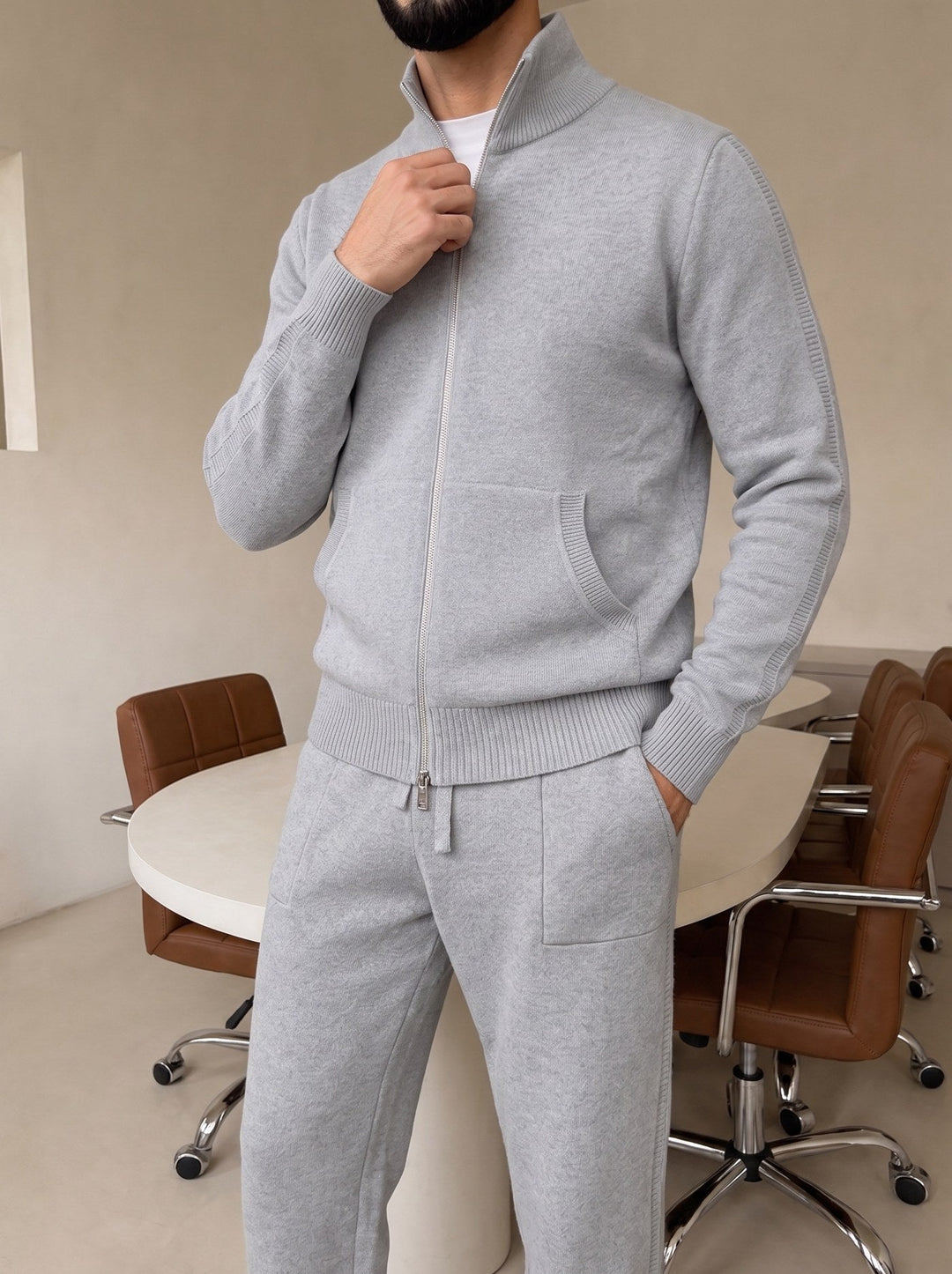 Mirjam | Tracksuit With Gray Knit Texture Stand Collar
