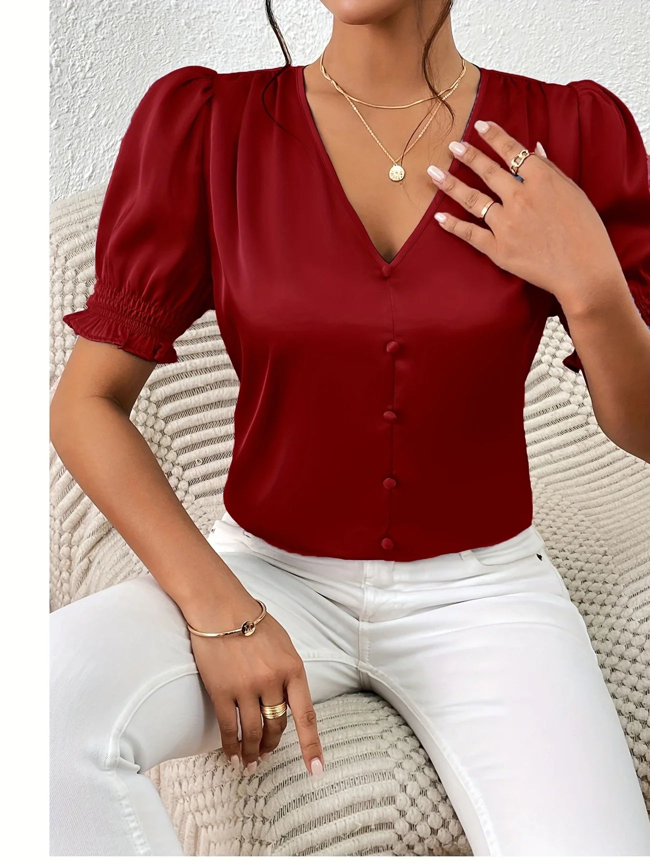 Abella | V-Neck Puff Sleeve Button Blouse