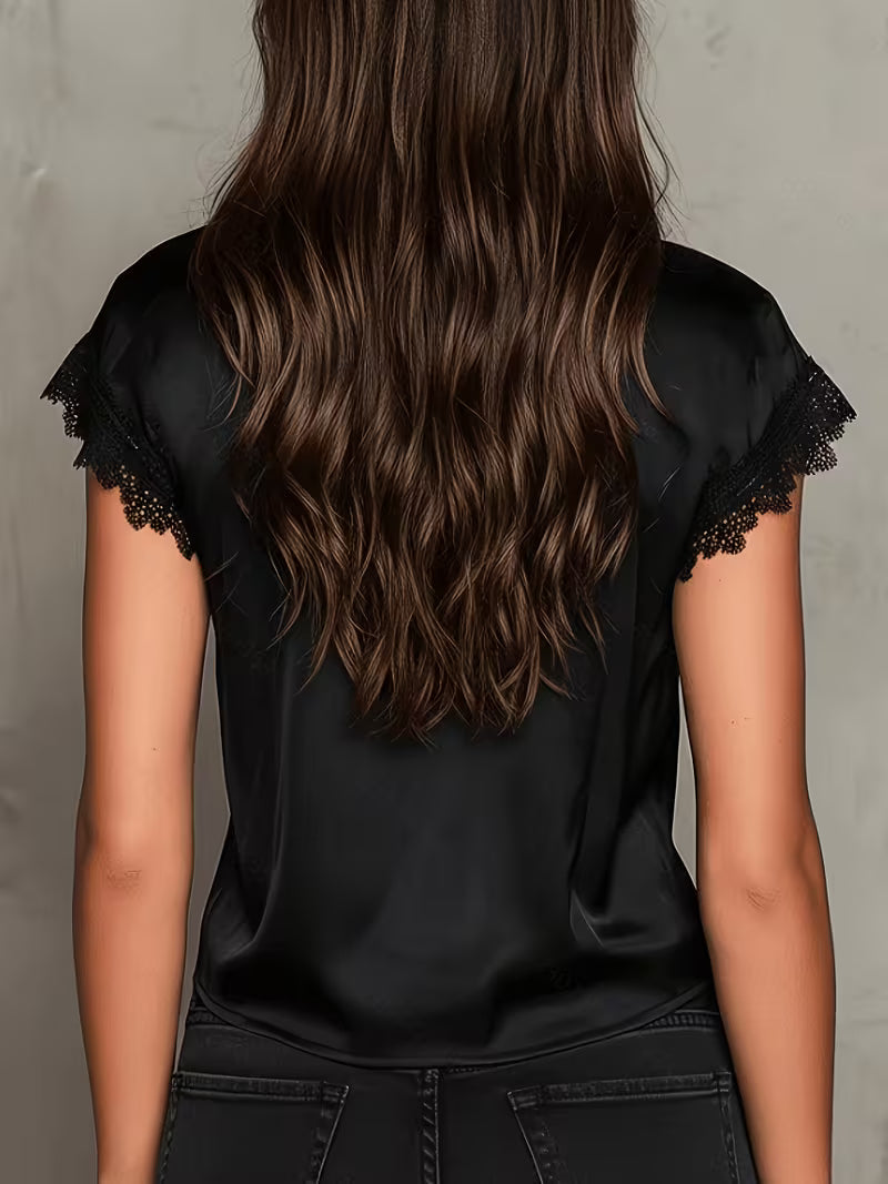Neeta | Satin-Style Lace-Trim Short-Sleeve V-Neck Tie-Front Top