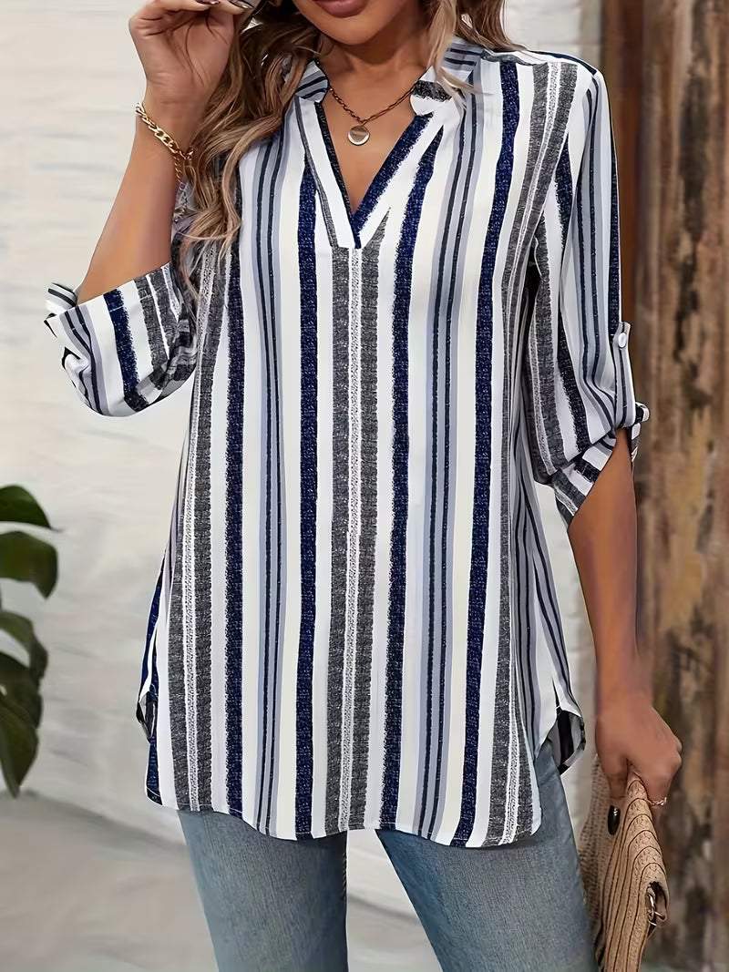 Elysis | V-neck Striped Loose Top with Adjustable Sleeves