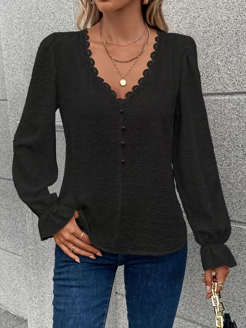 Rejina | Blouse with Lace-Trim V-Neck and Buttons