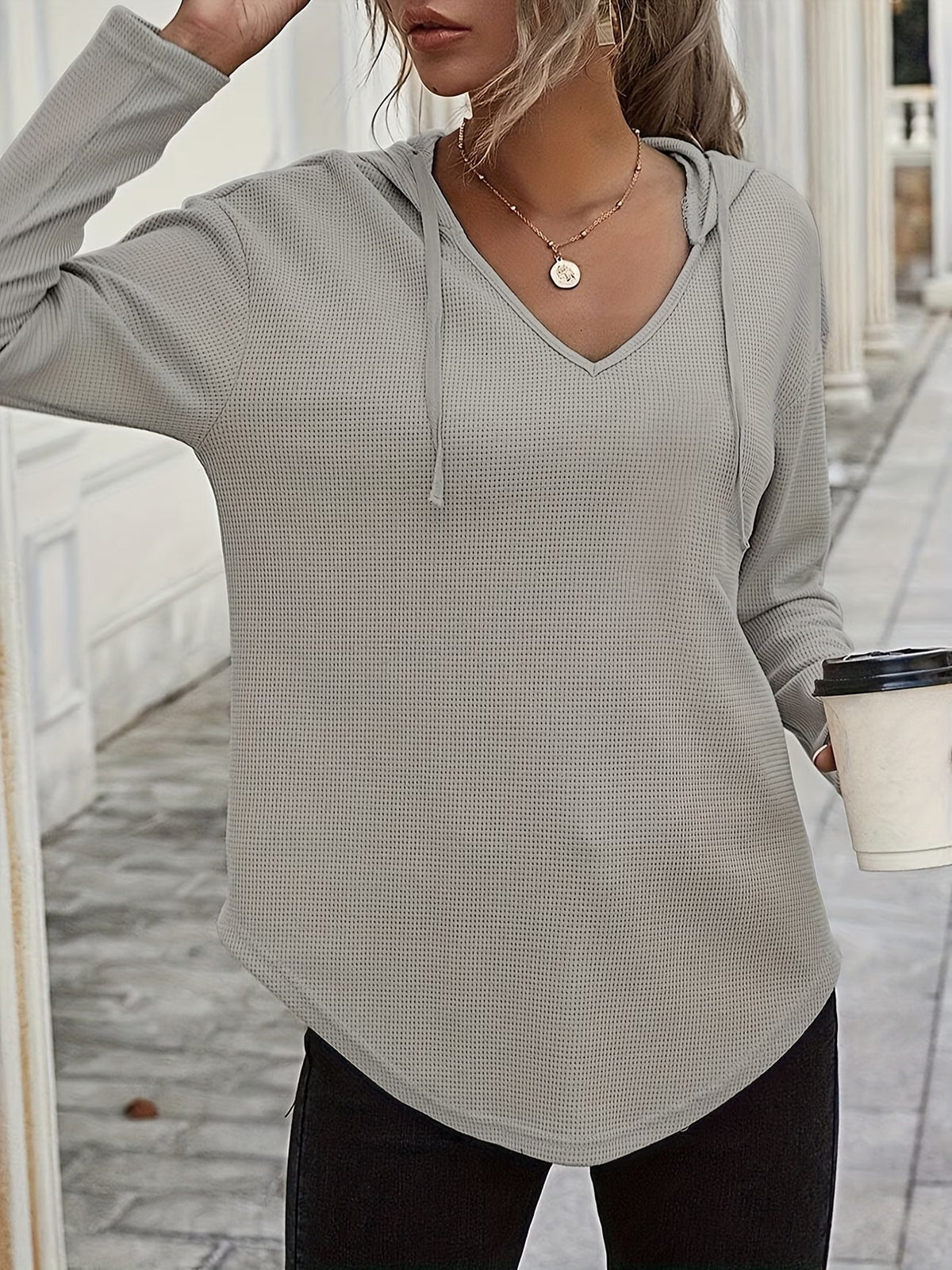 Laurette | Long Sleeve V-Neck Hoodie with Hood