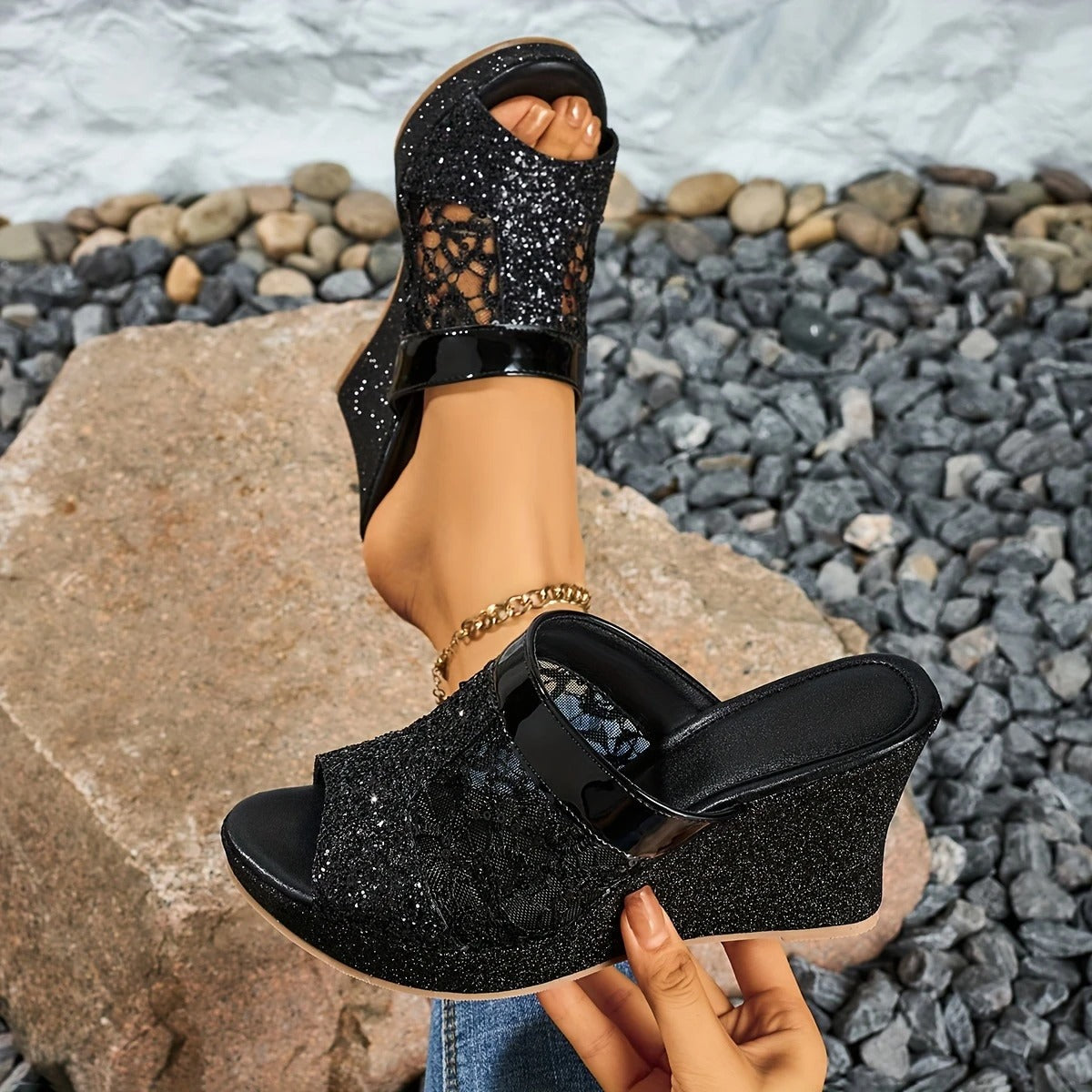 Alexis | Wedge Sandals With Lace Glitter Strap