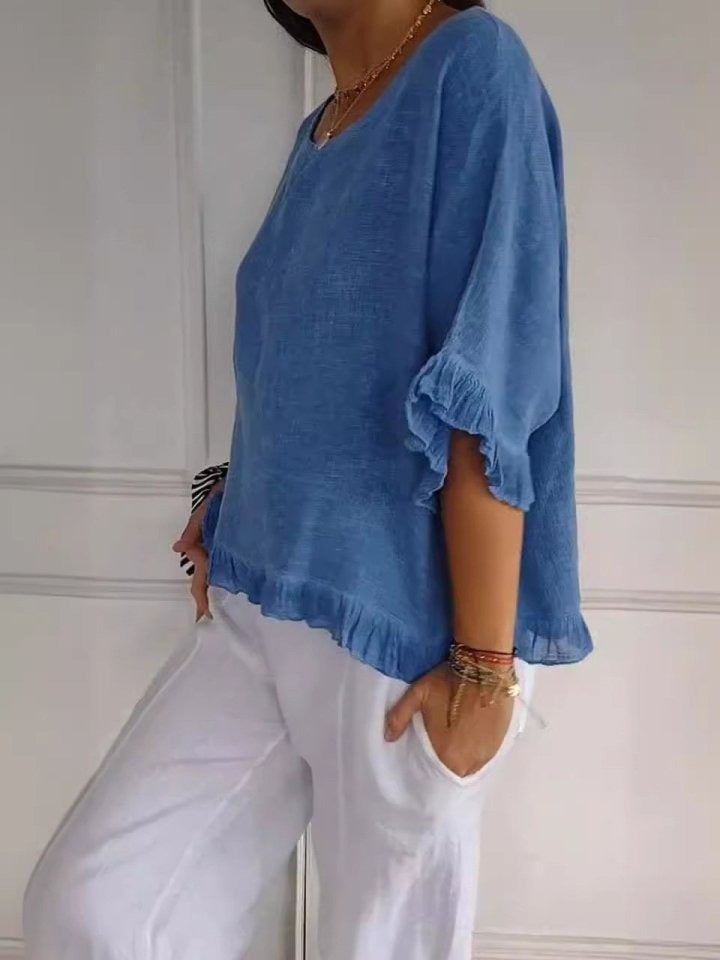 Pierrette | Blouse Ruffle Hem Short Sleeve Top