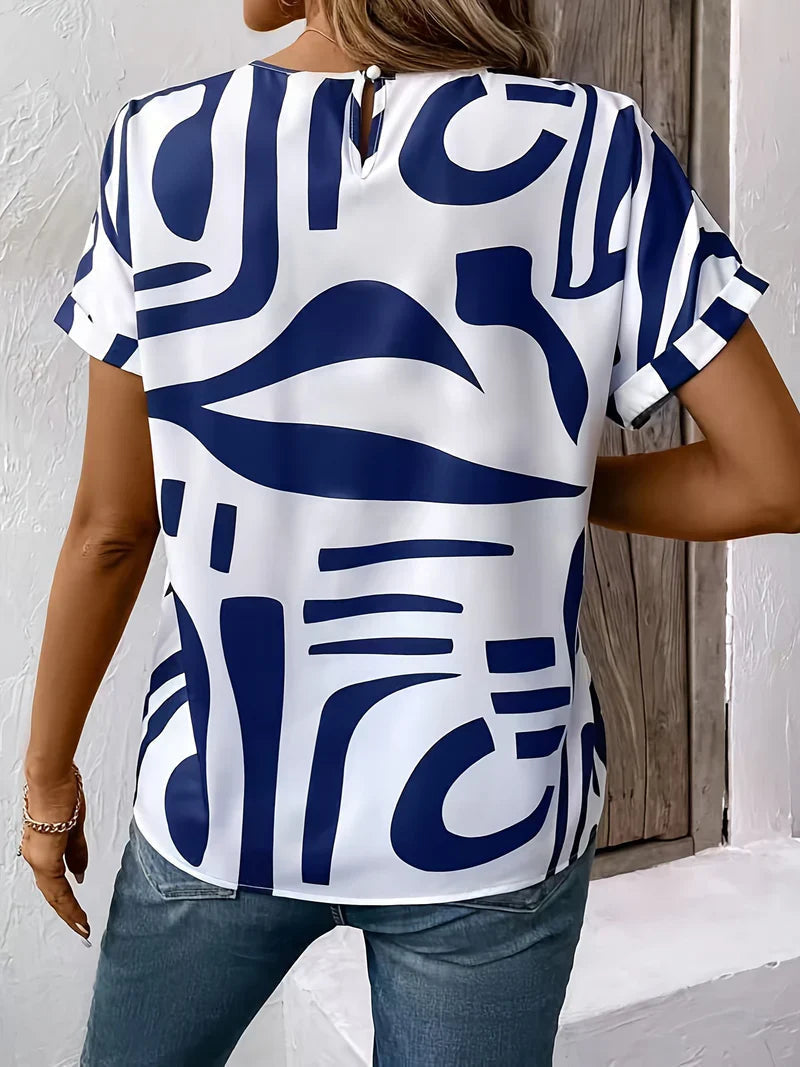 Jacinda | Blouse White Abstract Print Short Sleeve