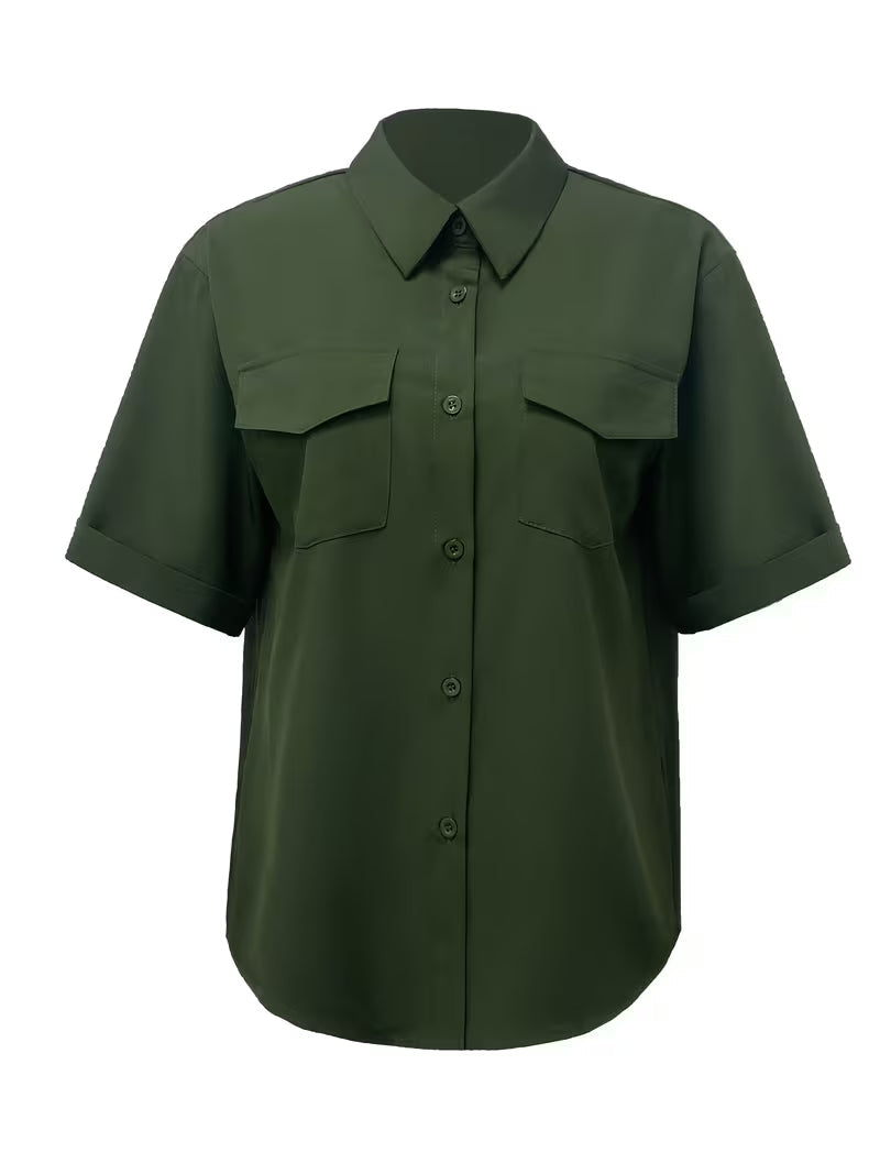 Ornilla | Short Sleeve Button Front Pocket Blouse