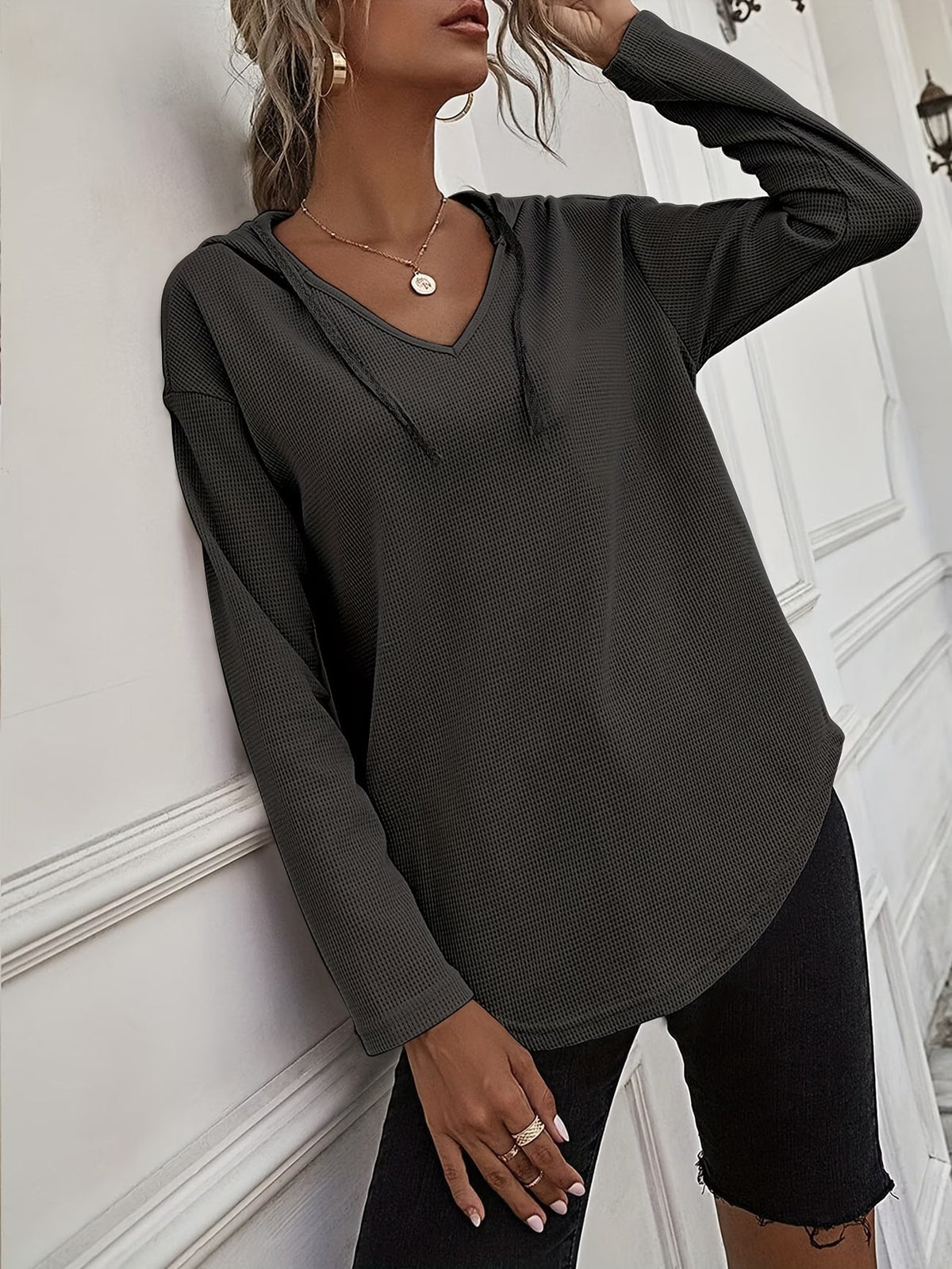 Laurette | Long Sleeve V-Neck Hoodie with Hood
