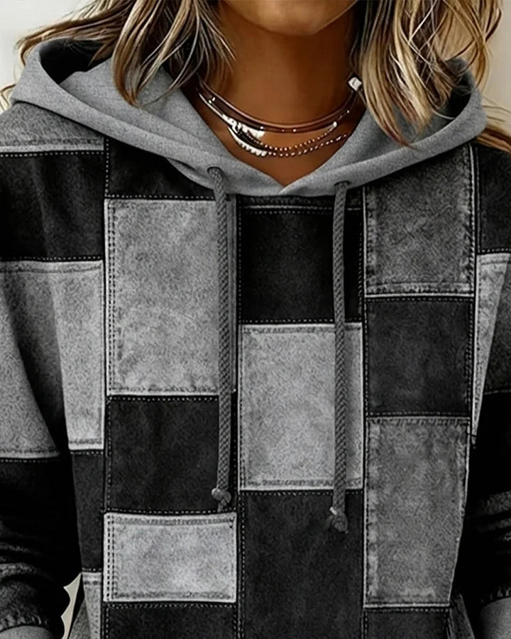 Yaralyn | Patchwork Hooded Long Sleeve Sweatshirt
