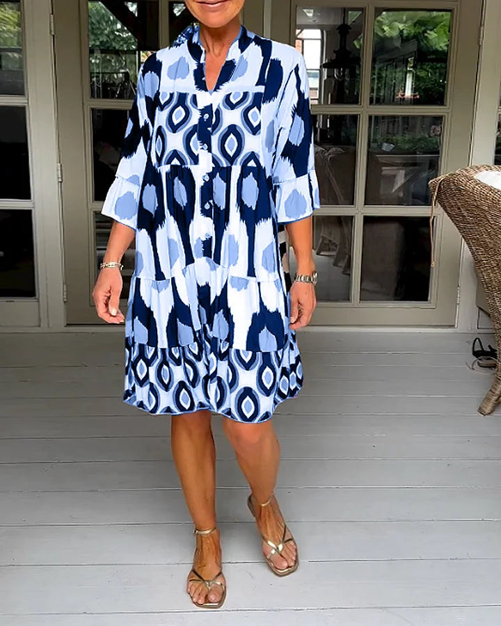 kinza | Printed V Neck Button Front Dress