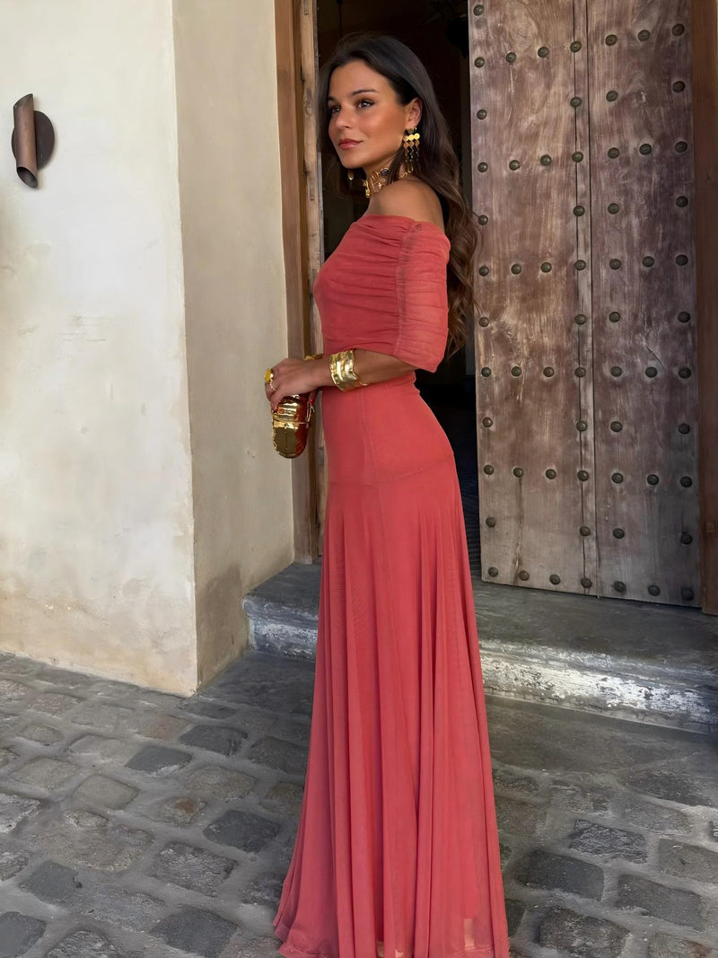 Dainia | Off Shoulder Sheer Hem Maxi Dress