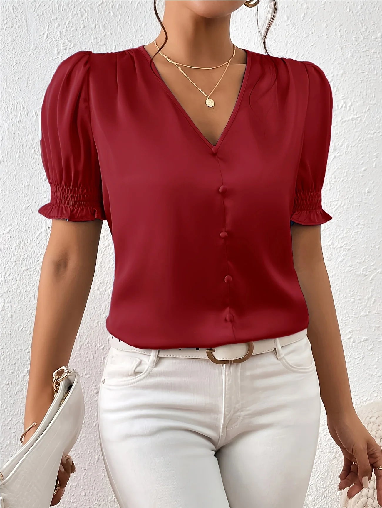 Abella | V-Neck Puff Sleeve Button Blouse