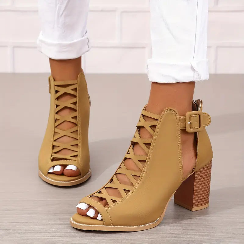 Ruzilya | Peep Toe Lace-Up Chunky Heel Sandals