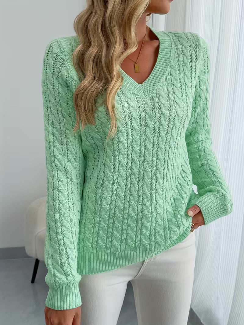 Lenea | Cable Knit V-Neck Long Sleeve Sweater