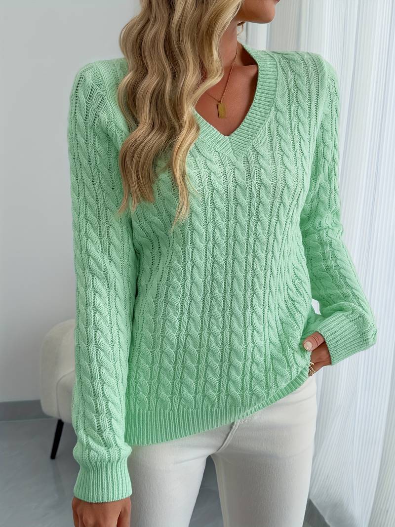 Zivah | Cable Knit V-Neck Long Sleeve Sweater