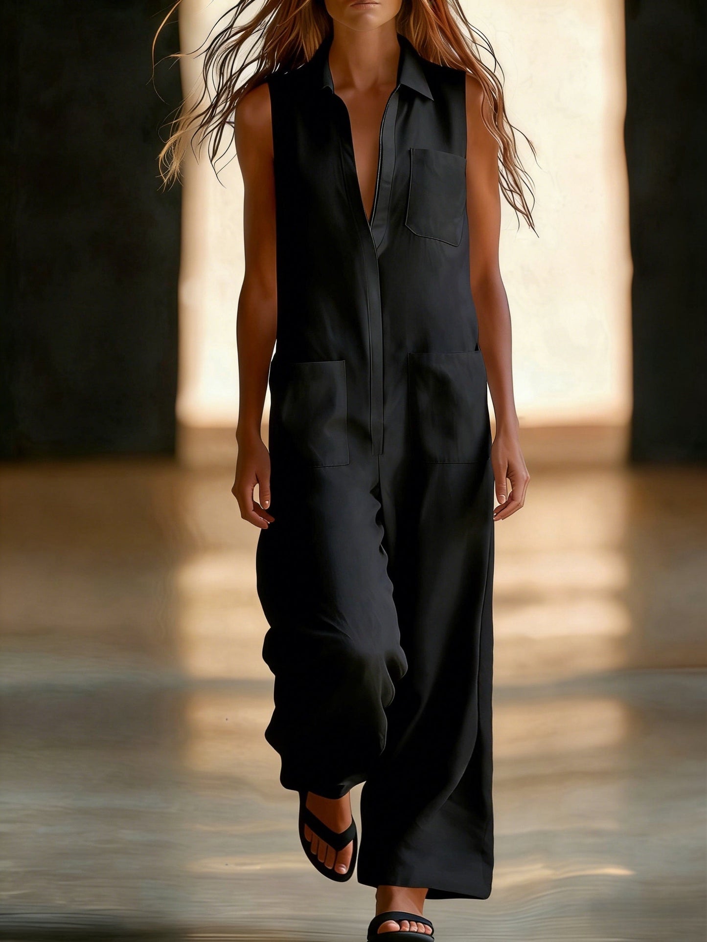 Kristiana | Wide Leg Sleeveless Collared Utility Jumpsuit