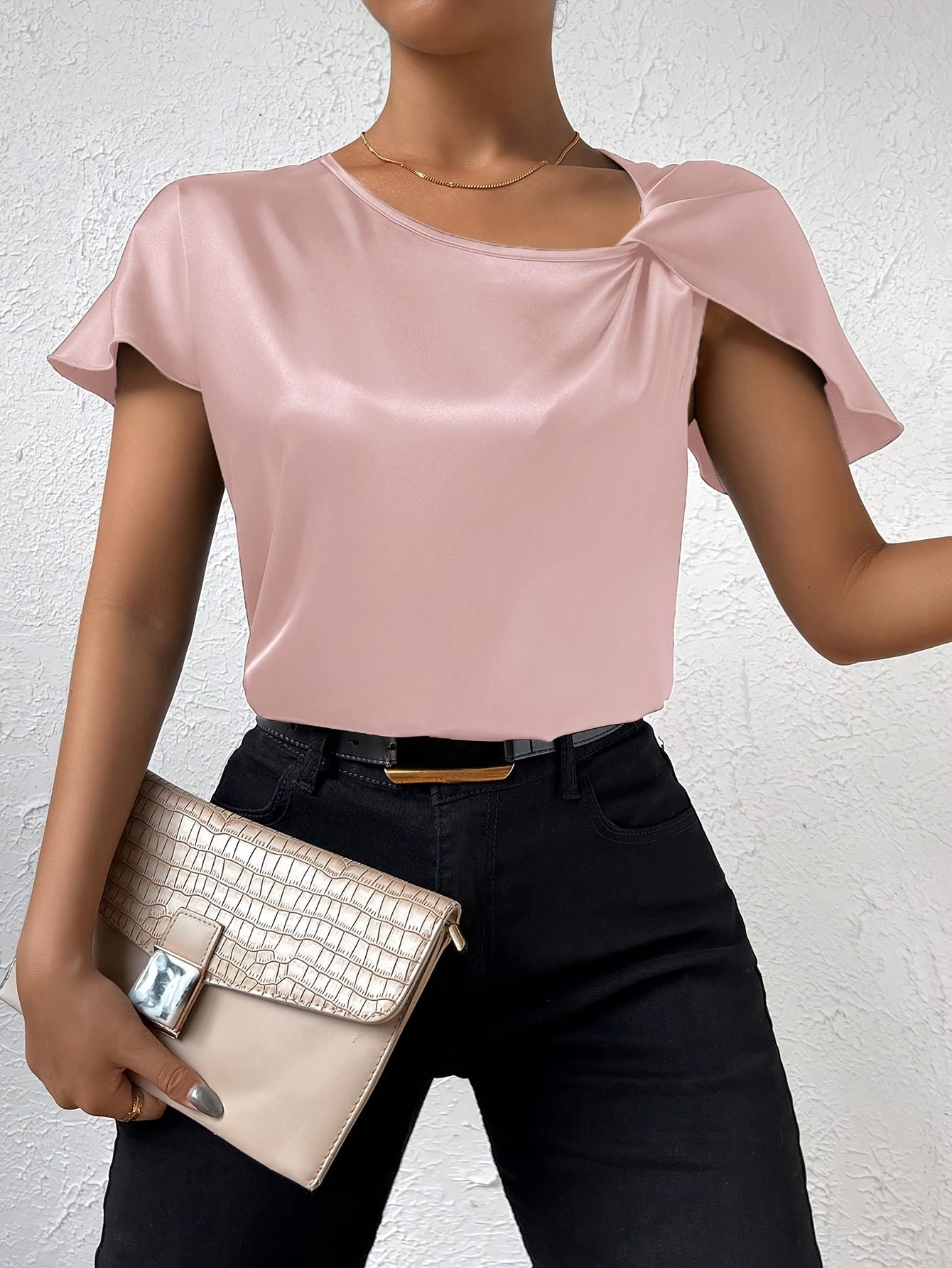 Loretta | Blouse Satin Look Draped Short Sleeve Top