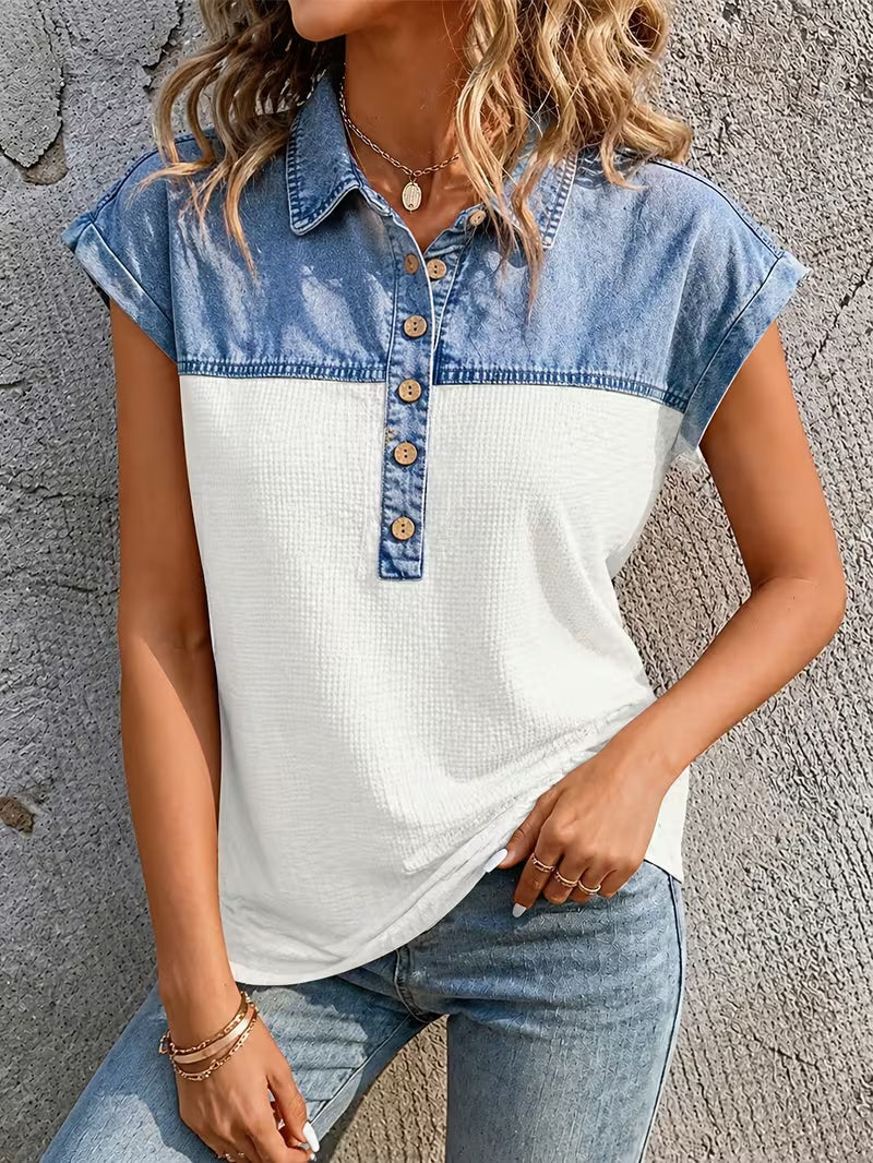 Haily | Denim Patchwork Collared Short Sleeve Top