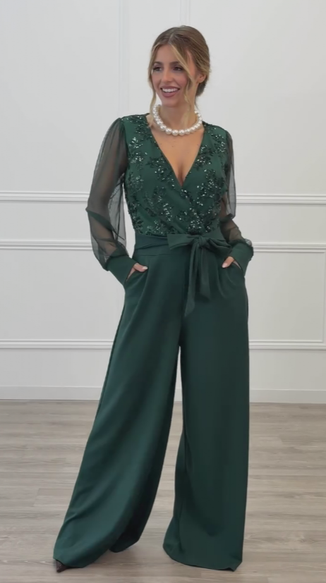 Meira - Embellished Mesh Sleeve Wide Leg Jumpsuit
