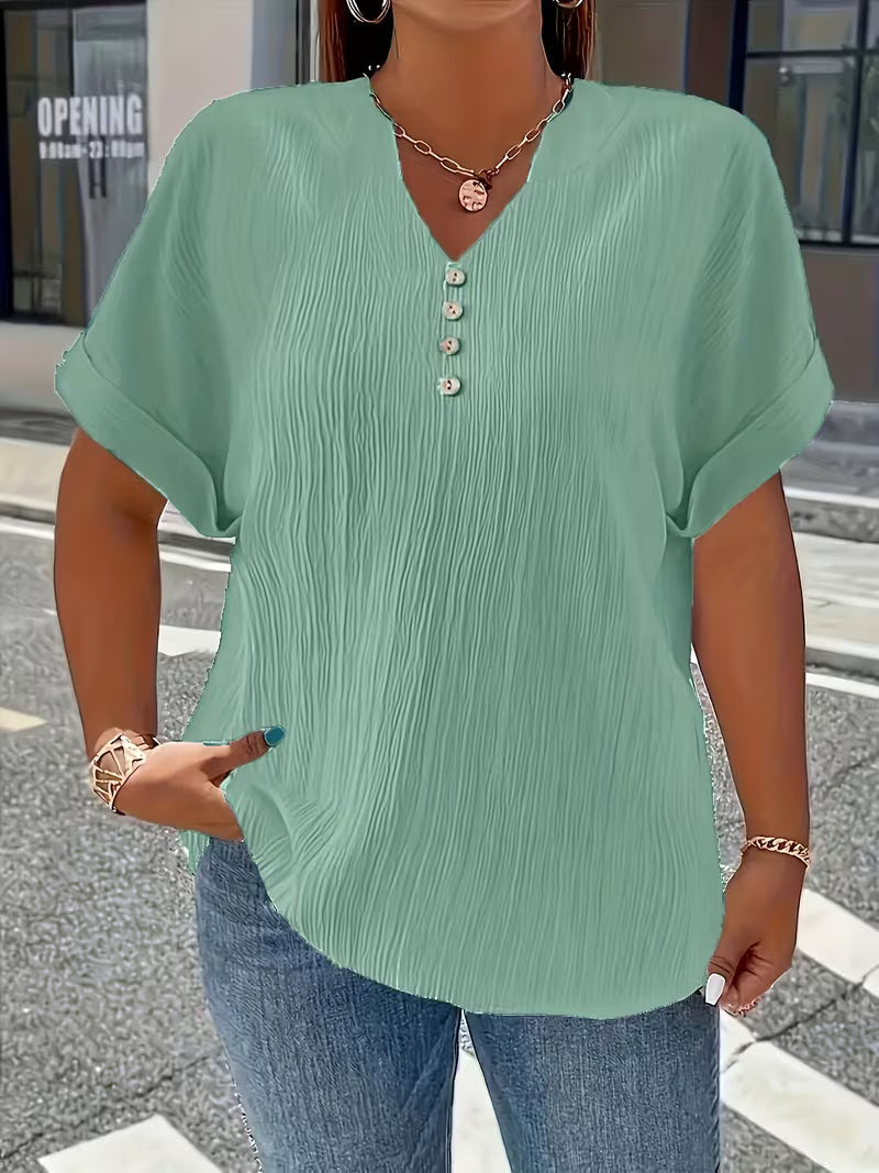 Mrella | T-Shirt with V-Neck Button Front Texture