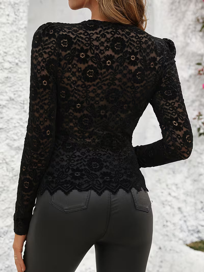 Talena | V-neck Floral Lace Long Sleeve Top